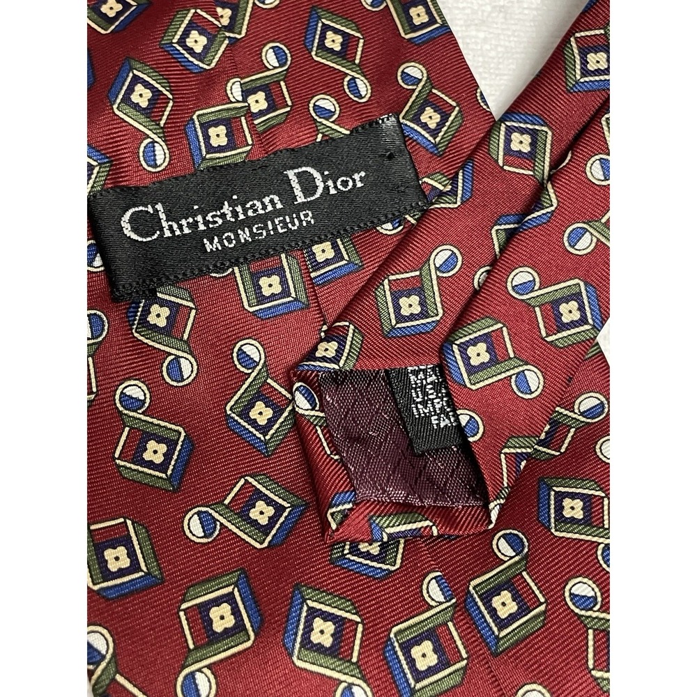 Vtg CHRISTIAN Dior‎ MONSIEUR Necktie Tie 100% Silk Burgundy Geometric 58x3.75"